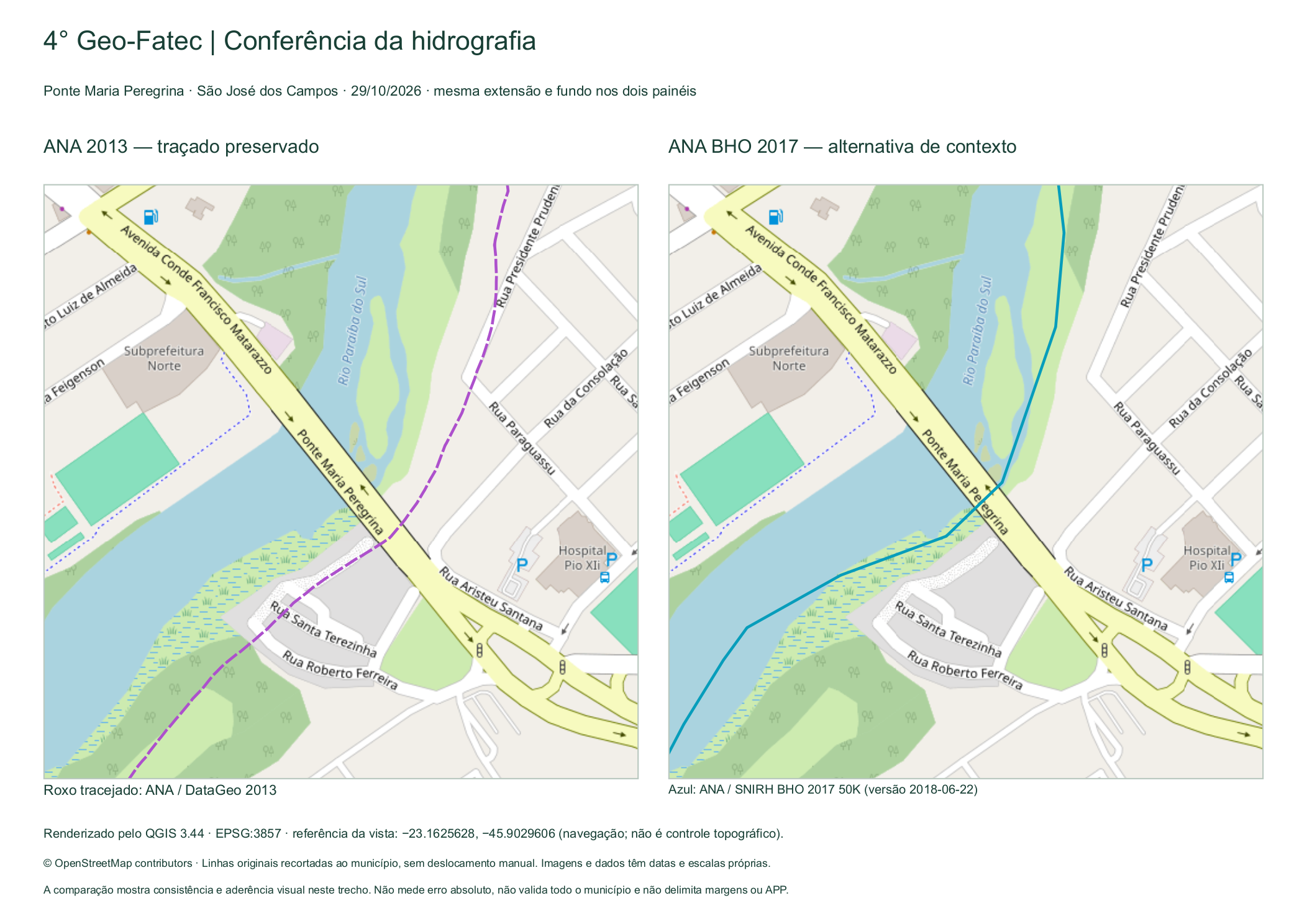 Comparação no QGIS dos traçados ANA 2013 e ANA BHO 2017 na Ponte Maria Peregrina, com a mesma extensão.